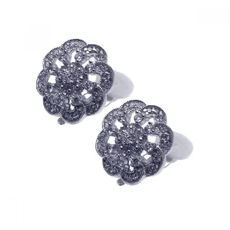 ladies earrings designer jacket-Silver 925 Rhodium Plated Flower Cluster CZ Stud Earrings - STE00933