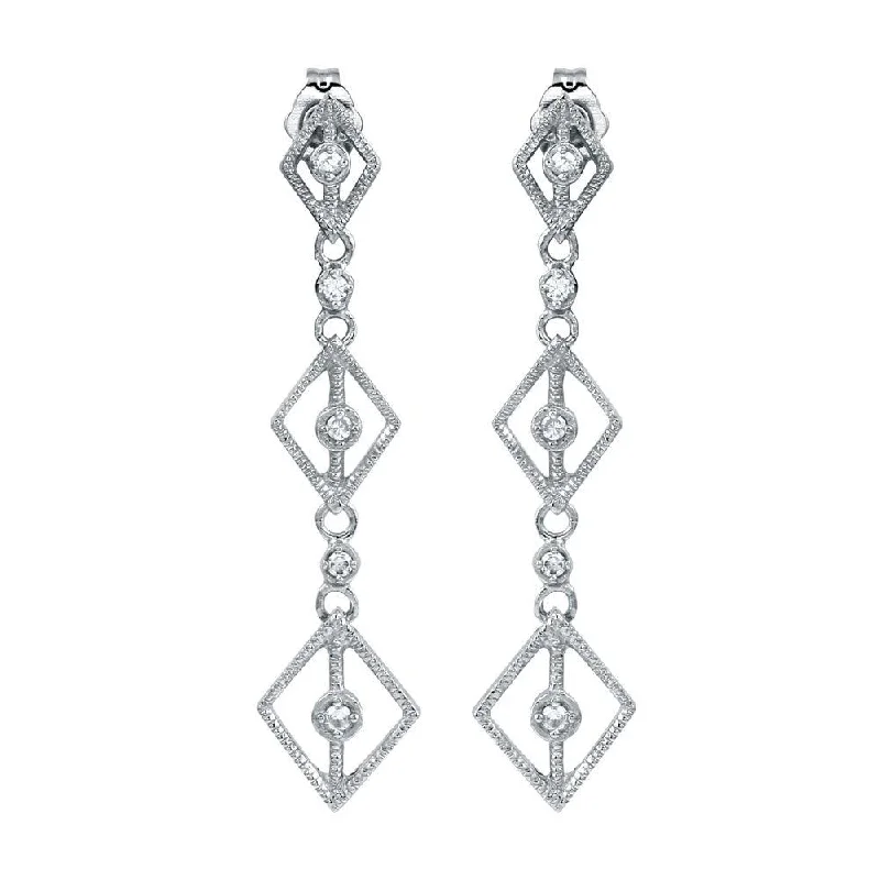 ladies earrings celestial topaz-Rhodium Plated 925 Sterling Silver Dangling Linked Rhombus Earrings with CZ - ACE00009