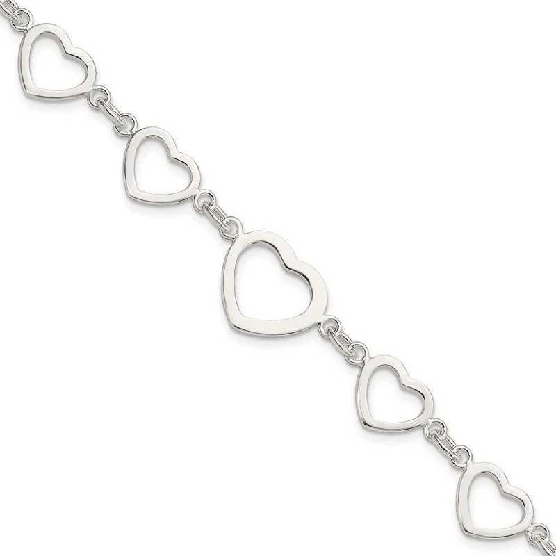 Ladies bracelets blue diamond designs-Sterling Silver Polished Heart Fancy Link Bracelet