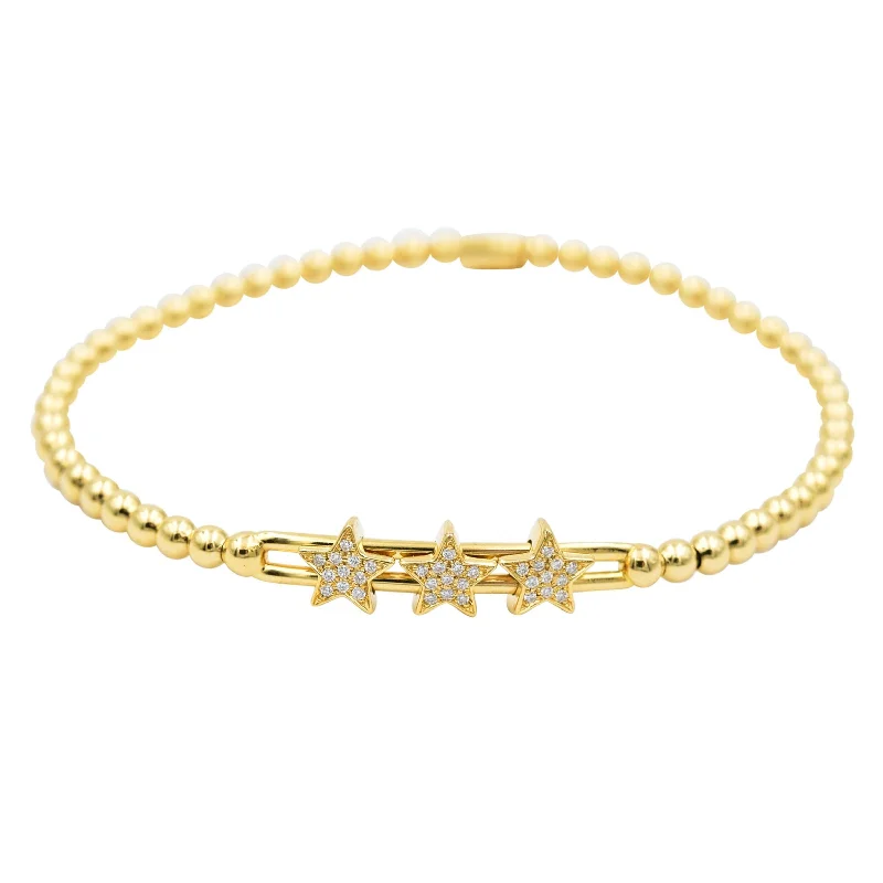 Ladies bracelets metallic sheen styles-Hulchi Belluni Fidget Bracelet with Three Pave Diamond Moveable Star Stations Yellow Gold Stretch Stackable