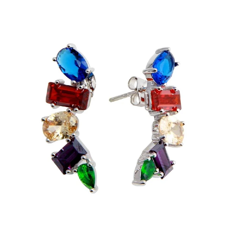 ladies earrings gothic rose quartz-Rhodium Plated 925 Sterling Silver Multi-Colored and Multi-Shaped CZ Stone Earrings - BGE00612