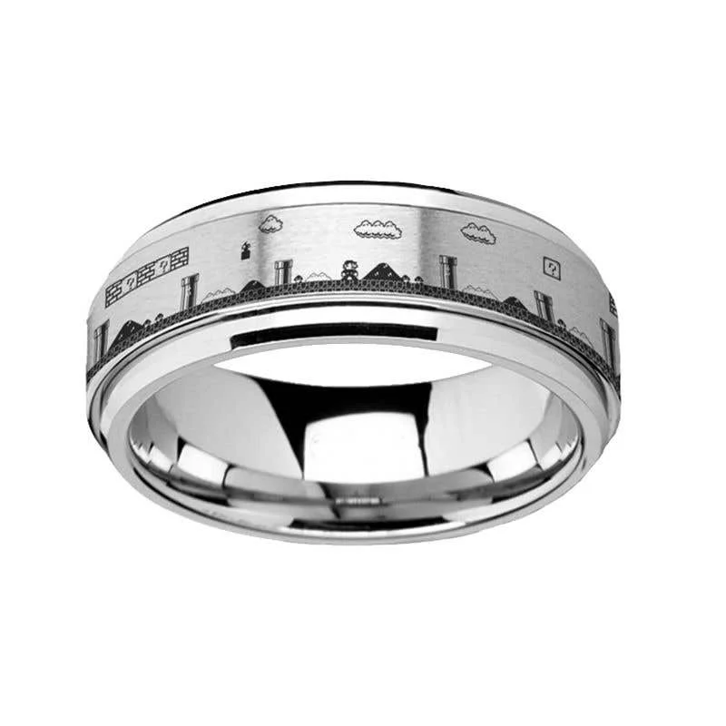 ladies ring leaf recycled-Thorsten Spinning Engraved Super Mario Bros Pixel Level Game Tungsten Carbide Spinner Band - 8mm