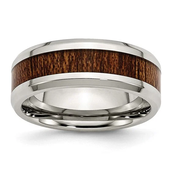 ladies ring intricate aquamarine-Stainless Steel Polished Brown Koa Wood Inlay Enameled 8mm Band