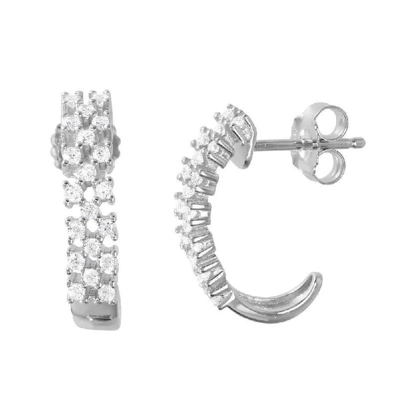 ladies earrings birthstone threader-Silver 925 Rhodium Plated Thin Checkered CZ Semi-huggie hoop Earrings - ACE00081RH