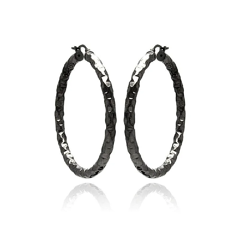 ladies earrings textured layered-Clearance-Silver 925 Black Rhodium Plated Hoop Earrings - ITE00021BLK