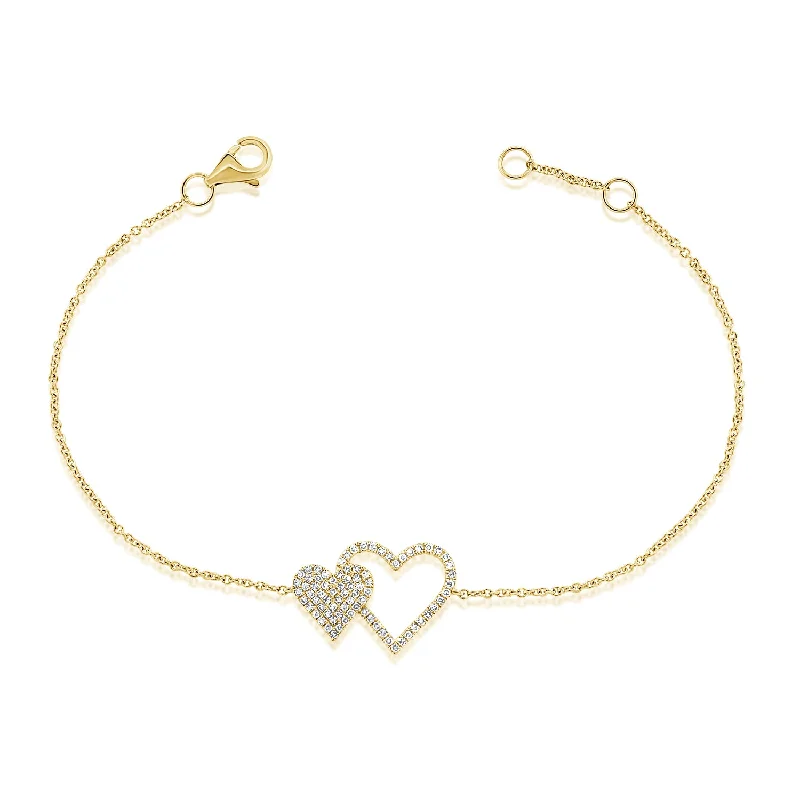 Ladies bracelets rustic charm styles-Double Diamond Heart Chain Bracelet