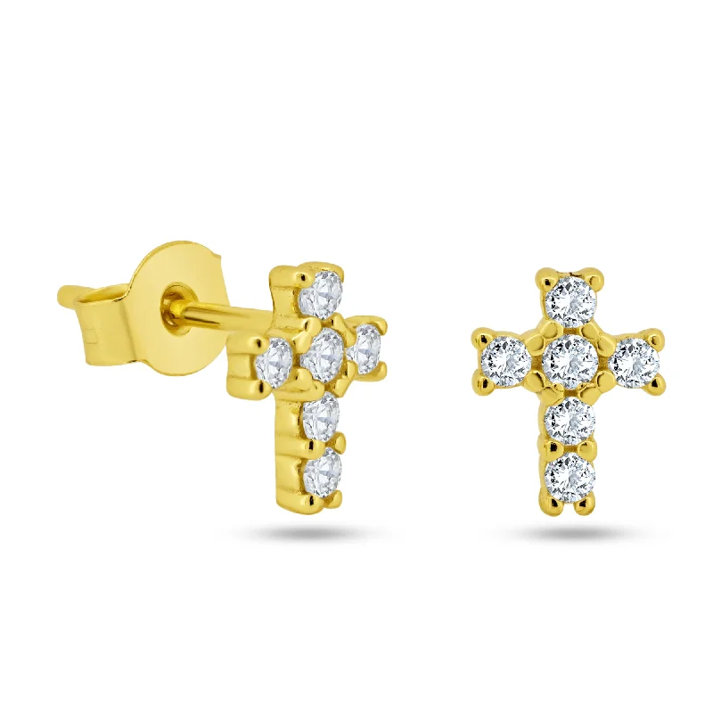 ladies earrings valentine’s symmetrical-Sterling Silver Gold Plated Clear CZ Cross Earring - STE01365GP