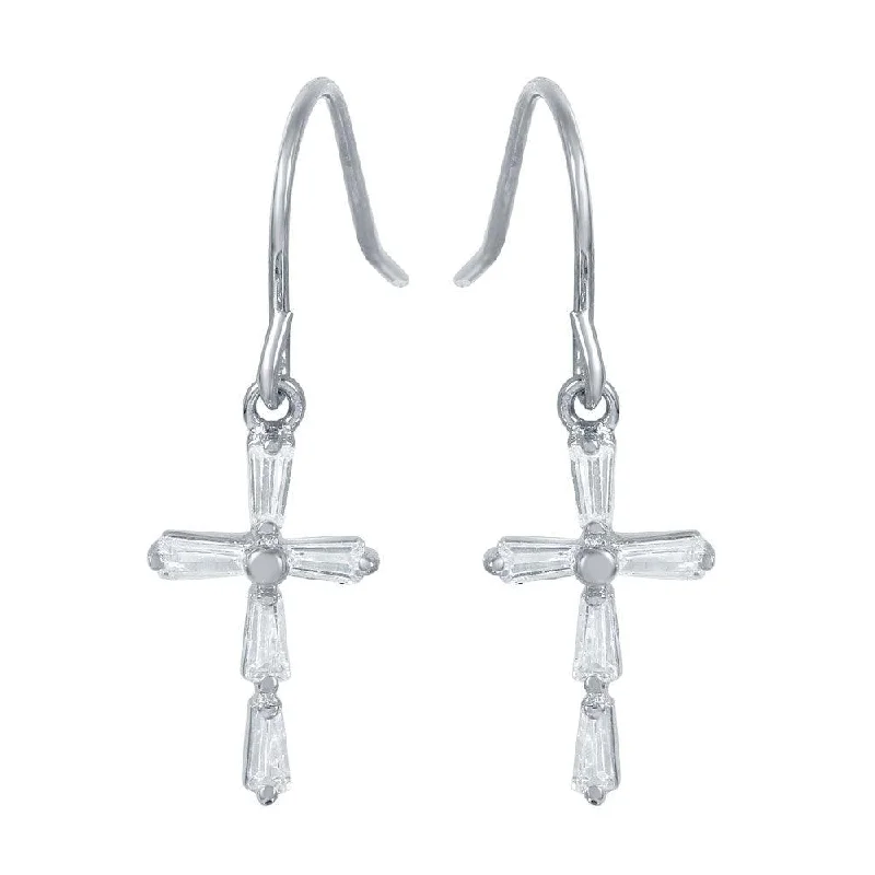 ladies earrings tropical amethyst-Silver 925 Rhodium Plated Small Cross Earrings with CZ Baguette Accents - STE00970