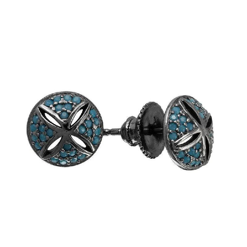 ladies earrings tropical turquoise-Black Rhodium Plated 925 Sterling Silver Cross Cut Out Dome CZ Stud Earrings - GME00080BLK