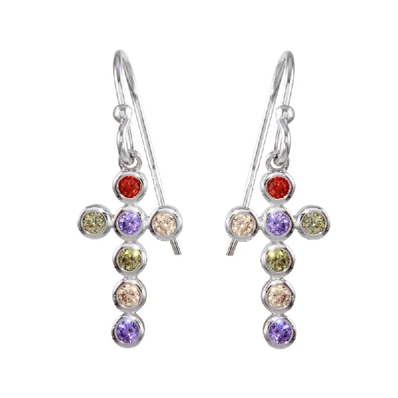 ladies earrings seasonal fringe-Rhodium Plated 925 Sterling Silver Multi-Colored CZ Cross Earrings - STE01137