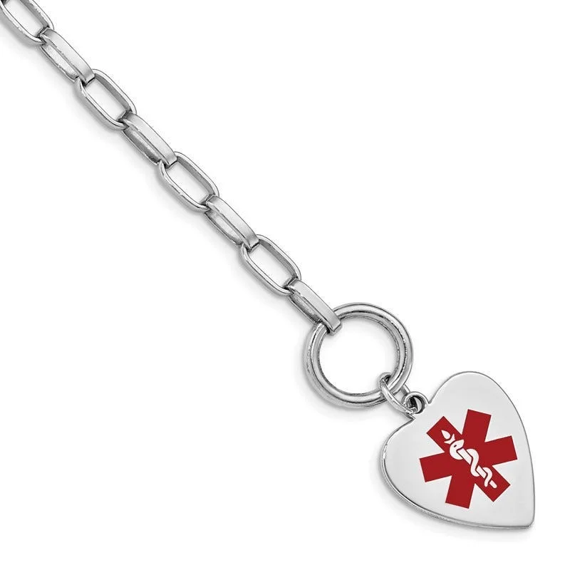 Ladies bracelets titanium modern designs-Sterling Silver Rhodium Engraveable Enamel Heart Medical ID Bracelet