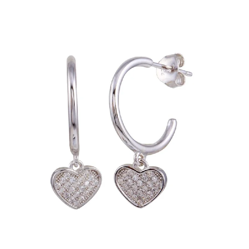 ladies earrings flower tassel-Rhodium Plated 925 Sterling Silver Semi Hoop CZ Heart Shaped Earrings - BGE00636