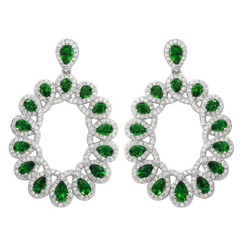 ladies earrings brushed oval-Rhodium Plated 925 Sterling Silver Open Oval Green and Clear CZ Hanging Earrings - GME00106-GREEN