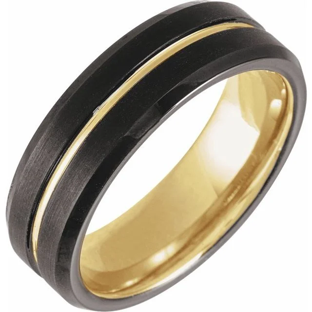 ladies ring subtle bezel-18K Yellow Gold PVD & Black PVD Tungsten 7 mm Grooved Band