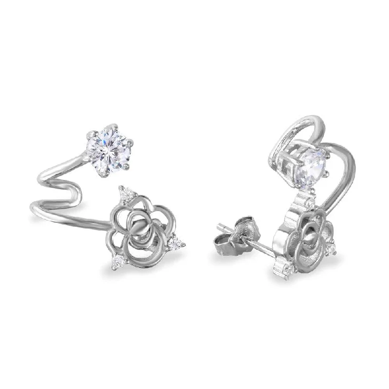 ladies earrings luxury square-Rhodium Plated 925 Sterling Silver Flower and Round CZ Folded Earrings - BGE00535