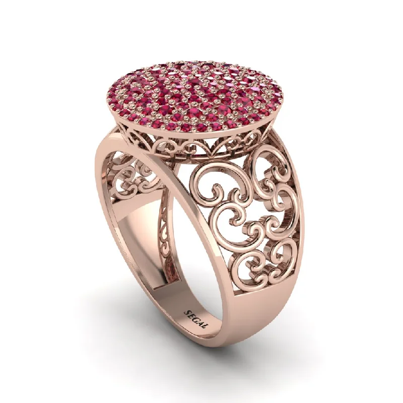 ladies engagement ring shell pink tourmaline-Ruby Signet Filigree Pave Engagement Ring - Rylie No. 11