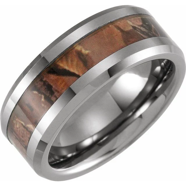 ladies ring filigree aquamarine-Tungsten 8 mm Beveled-Edge Band with Acacia Wood Inlay