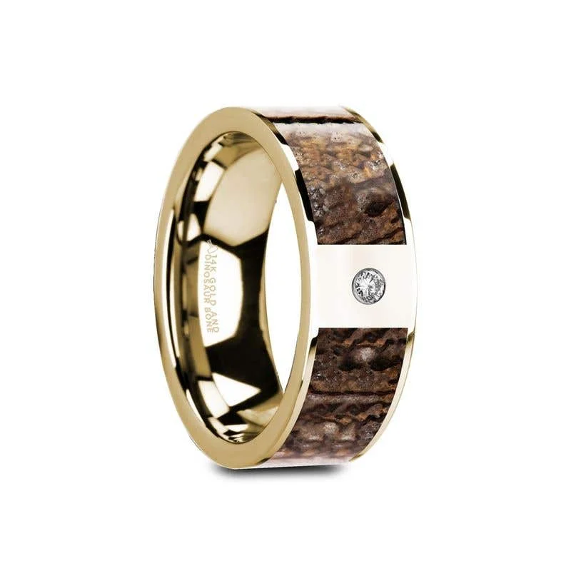 ladies ring bezel silver-Thorsten GLAUCE Flat Polished 14K Yellow Gold Brown Dinosaur Bone & White Diamond Setting - 8mm