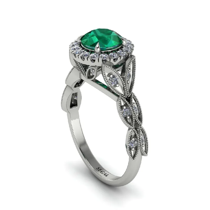 ladies engagement ring boho multi-stone-Emerald Halo Nature Inspired Leaf Engagement Ring - Alessandra No. 6