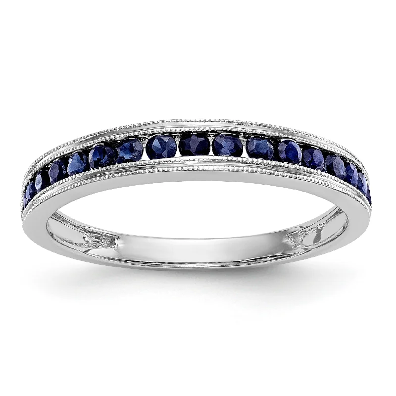 ladies ring initial center stone-14k White Gold Blue Sapphire Milgrain Channel Set Anniversary Band