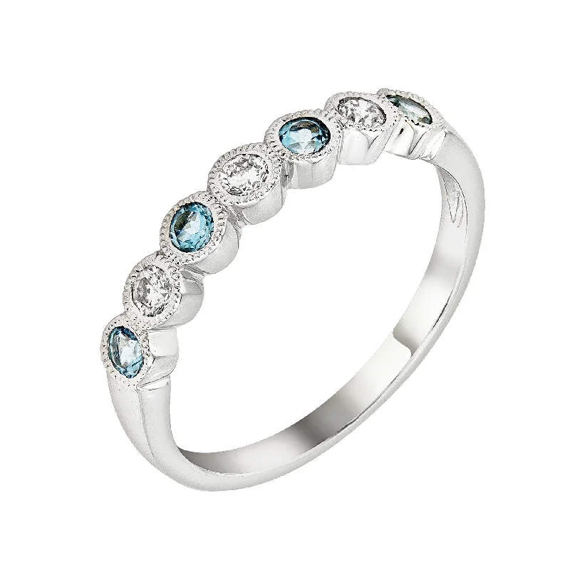 ladies ring intricate moonstone-14k White Gold Blue Topaz & Diamond Wedding Band