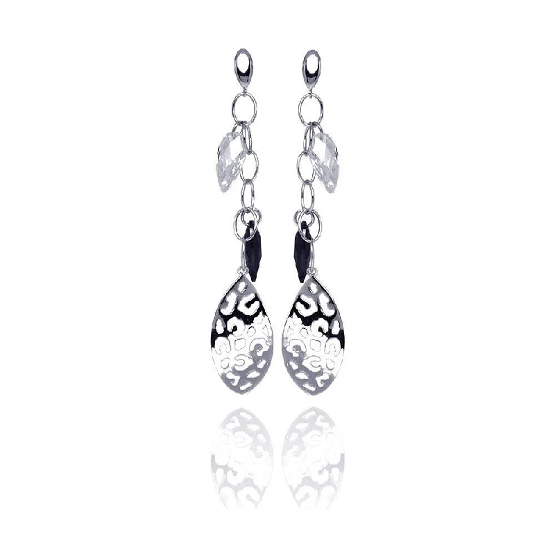 ladies earrings glossy sapphire-Clearance-Silver 925 Rhodium Plated Black and Clear Marquise CZ Flat Filigree Wire Dangling Stud Earrings - STE00290BLK