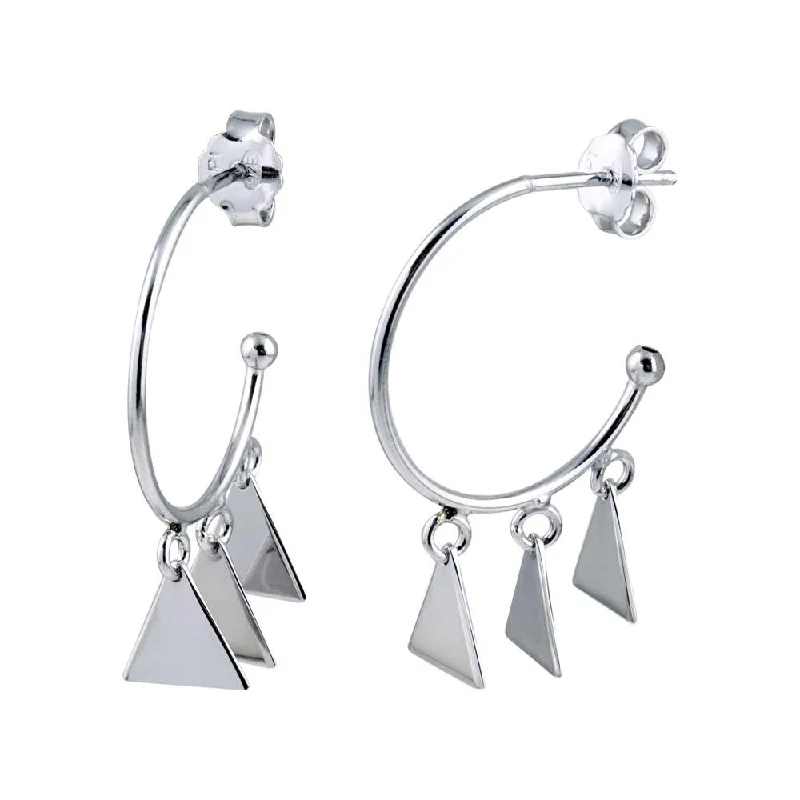 ladies earrings glossy silver-Rhodium Plated 925 Sterling Silver Dangling Triangle Silver Charm Earrings - SOE00021