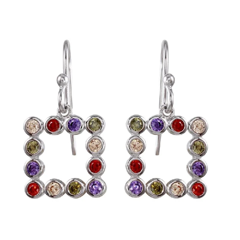 ladies earrings brushed oval-Rhodium Plated 925 Sterling Silver Multi-Colored CZ Open Square Earrings - STE01139