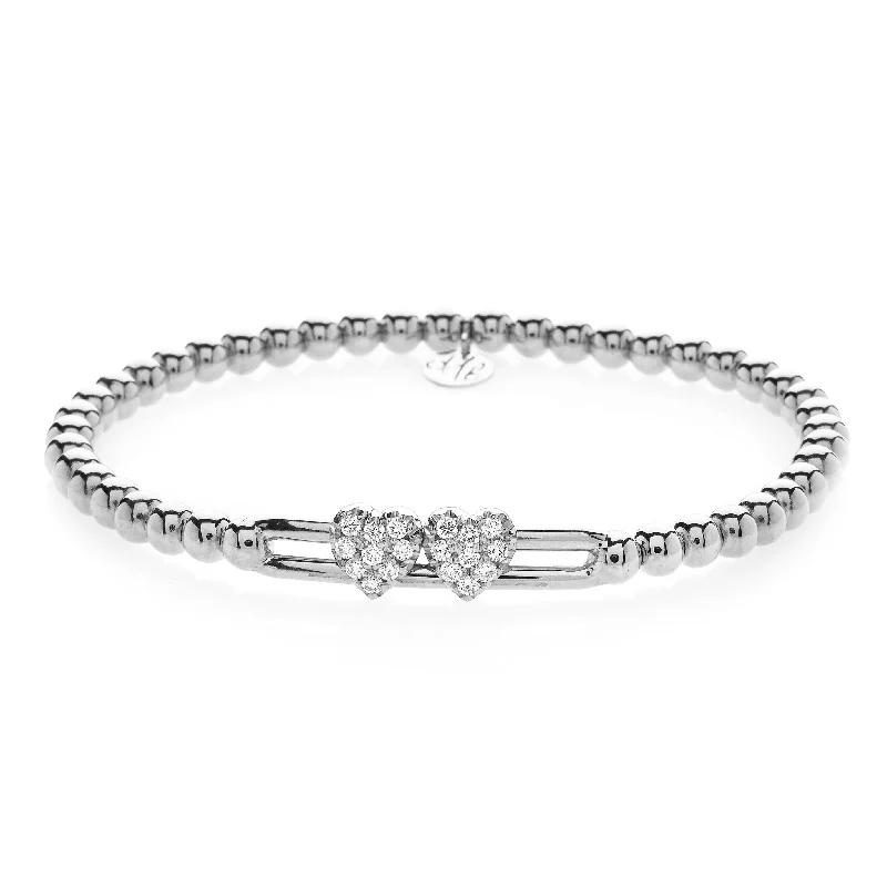 Ladies bracelets princess cut designs-Hulchi Belluni Fidget Bracelet with Two Pave Diamond Moveable Heart Stations White Gold Stretch Stackable