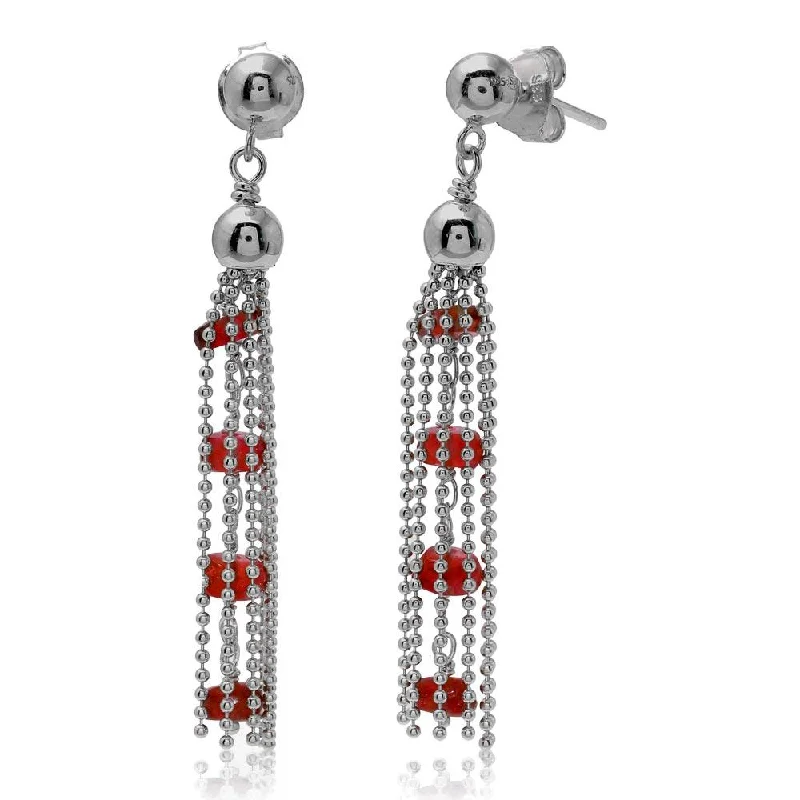 ladies earrings chunky asymmetrical-Rhodium Plated 925 Sterling Silver Dropped Bead Chain and Dark Red Bead Earrings - DIE00004RH-GR