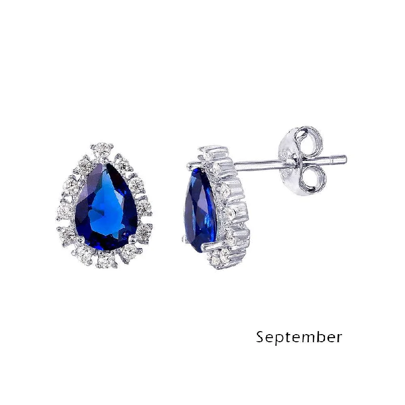 ladies earrings elegant round-Rhodium Plated 925 Sterling Silver Teardrop Halo CZ Birthstone Earrings September - STE01027-SEP