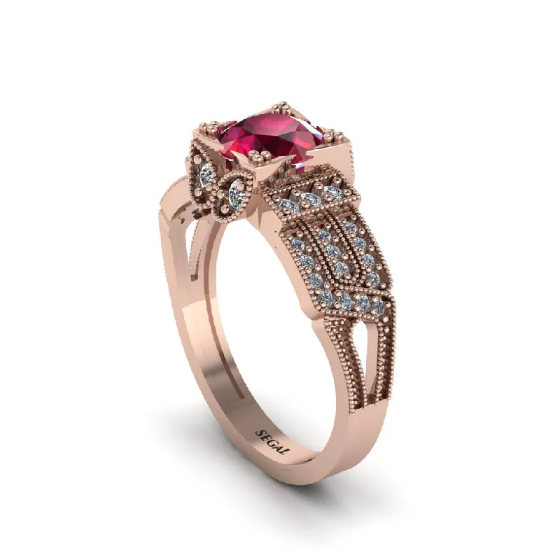 ladies engagement ring premium radiant cut-Ruby Milgrain Gold Engagement Ring - Lyric No. 11