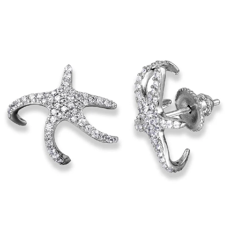 ladies earrings filigree emerald-Silver 925 Rhodium Plated Hugging CZ Starfish Earrings - GME00045