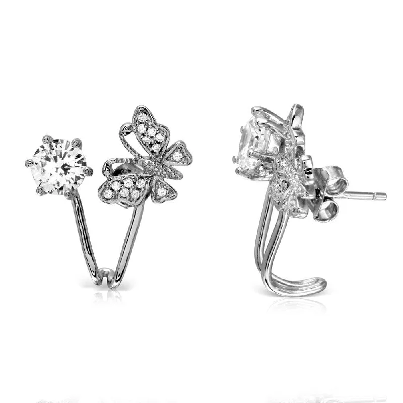 ladies earrings zodiac gold-Rhodium Plated 925 Sterling Silver Butterfly with CZ Topped with Round CZ Earrings - BGE00511