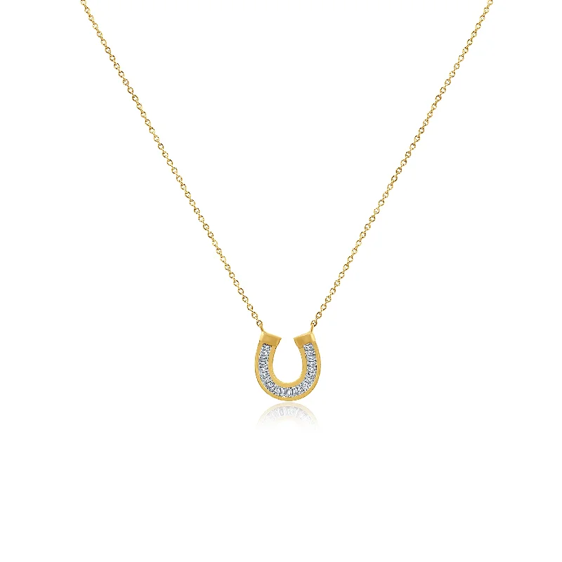 Ladies necklaces eco-friendly materials-Gold and Baguette Diamond Horseshoe Necklace