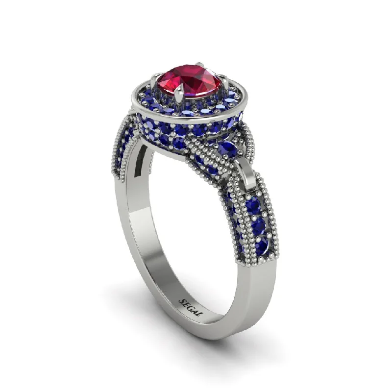 ladies engagement ring braided mother’s-Ruby Double Halo Handmade Engagement Ring - Gracelyn No. 72