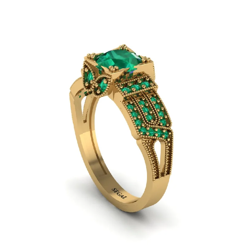 ladies engagement ring shell artisan-Emerald Milgrain Gold Engagement Ring - Lyric No. 19