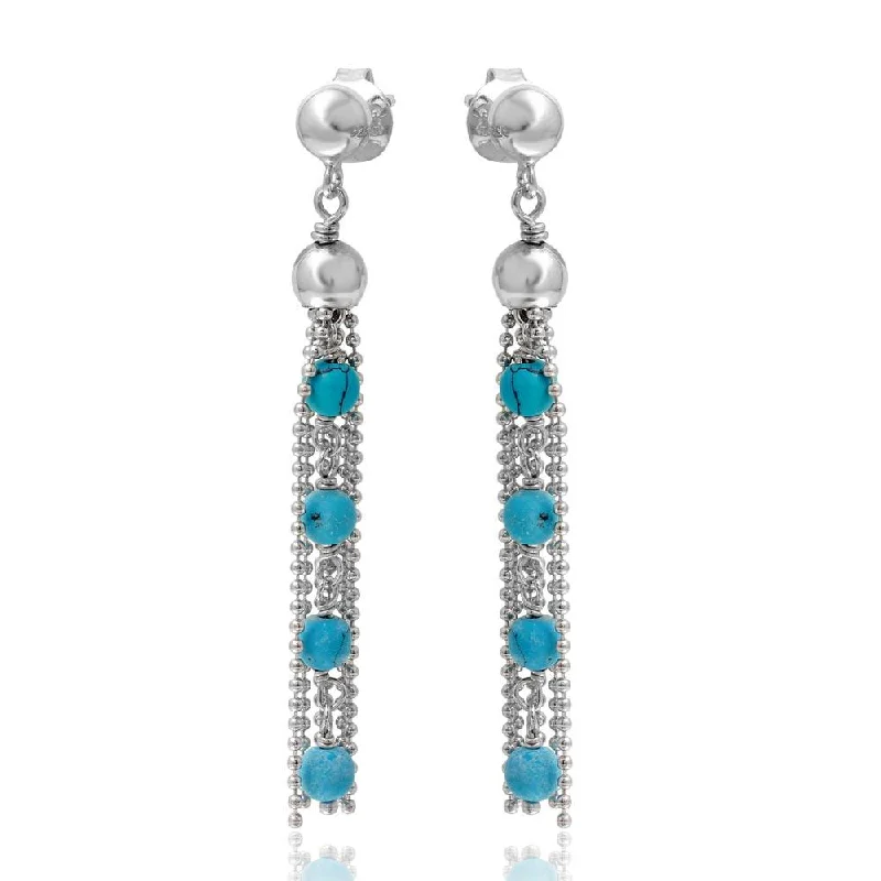 ladies earrings filigree garnet-Rhodium Plated 925 Sterling Silver Dropped Bead Chain and Turquoise Bead Earrings - DIE00004RH-TQ