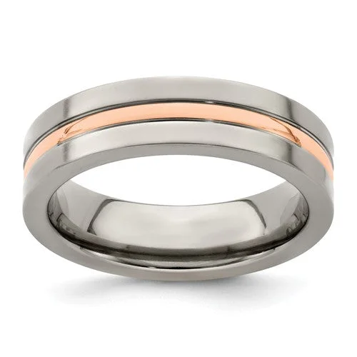 ladies ring engraved multi-stone-Edward Mirell Titanium And 14k Rose Gold Grooved 6mm Band