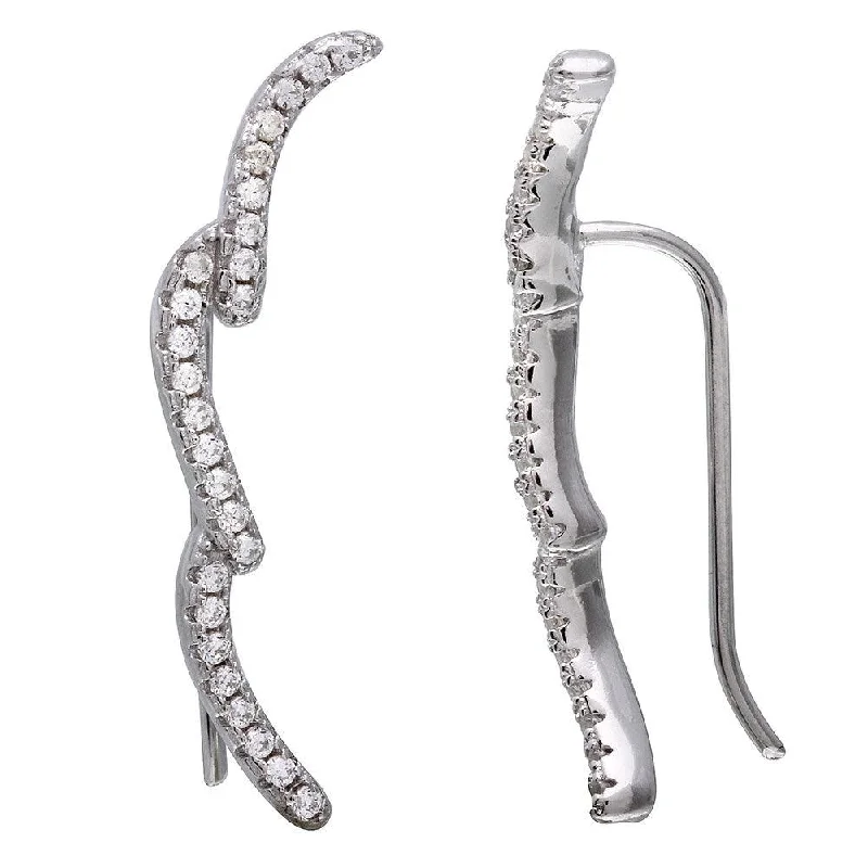 ladies earrings timeless moonstone-Rhodium Plated 925 Sterling Silver 3 CZ Waves Climbing Earrings - STE01075