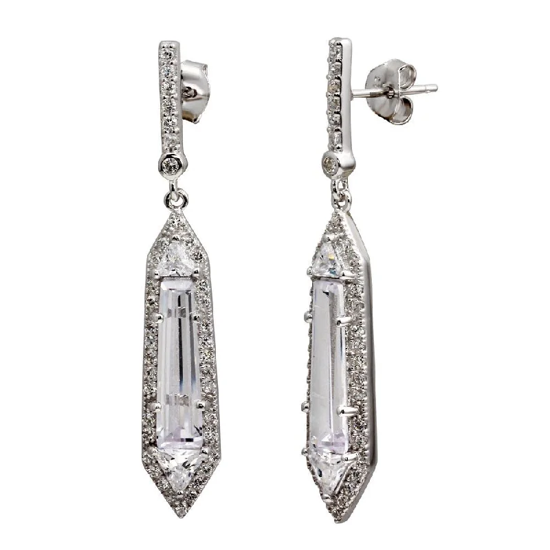 ladies earrings statement tassel-Rhodium Plated 925 Sterling Silver Dangling Clear CZ Earrings - BGE00578CLR