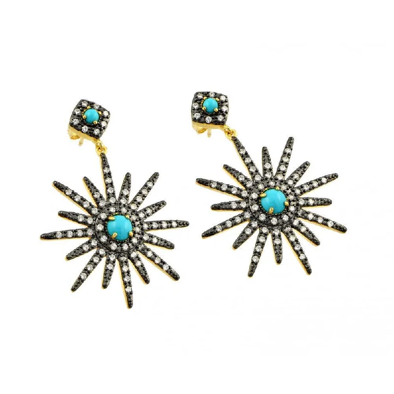 ladies earrings fall teardrop-Silver 925 Two Toned Gold and Black Rhodium Plated Sun Clear CZ Turquoise Round Dangling Stud Earrings - BGE00343