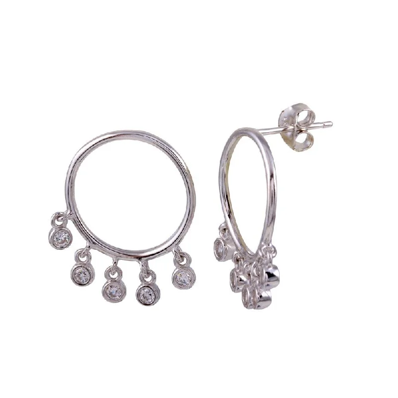 ladies earrings name threader-Rhodium Plated 925 Sterling Silver Dangling Open Circle CZ Earrings - BGE00644