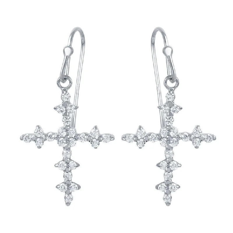 ladies earrings shell turquoise-Silver 925 Rhodium Plated Small Floral Cross Earrings with CZ Accents - STE00971