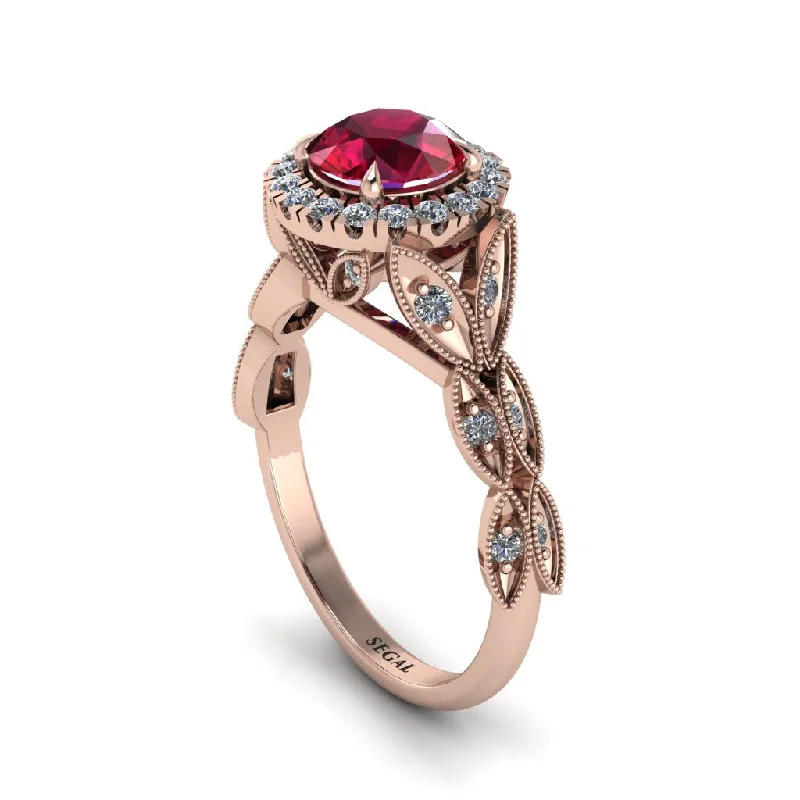 ladies engagement ring high-end artisan-Ruby Halo Nature Inspired Leaf Engagement Ring - Alessandra No. 11