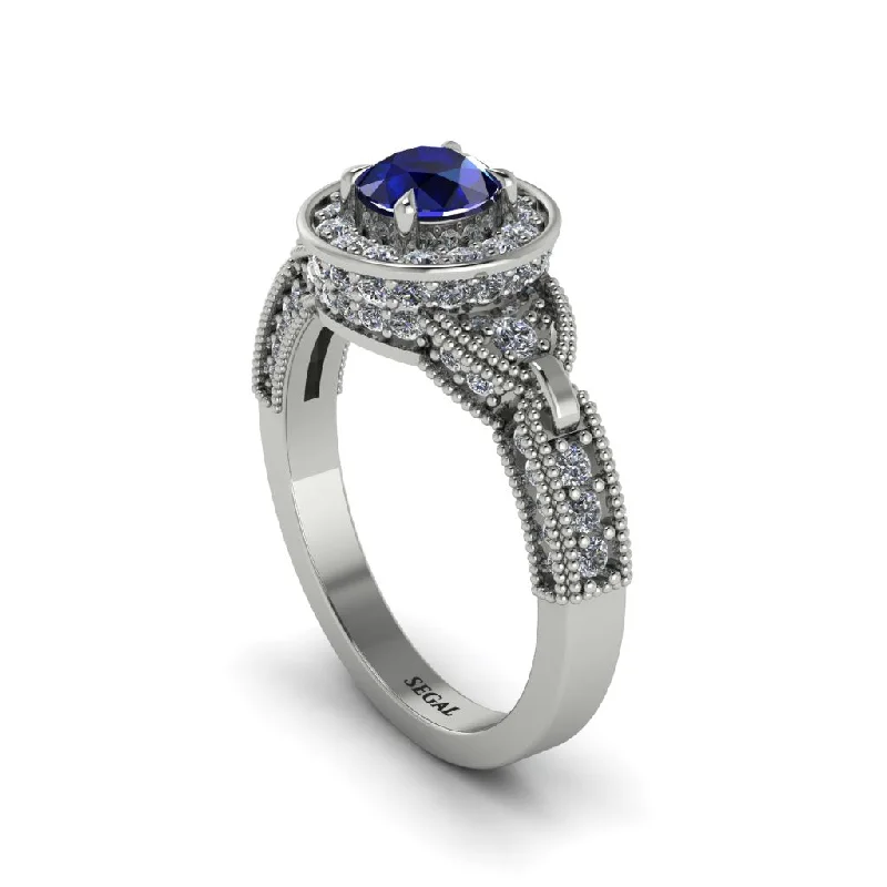 ladies engagement ring romantic blue sapphire-Sapphire Double Halo Handmade Engagement Ring - Gracelyn No. 15