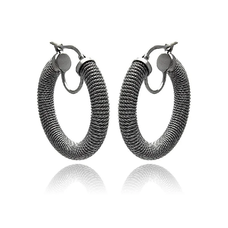 ladies earrings boho crawler-Clearance-Silver 925 Black Rhodium Plated Italian Hoop Earrings - ITE00030BLK