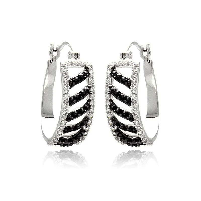 ladies earrings trendy oval-Silver 925 Rhodium Plated White Enamel Black Stripe CZ Hoop Earrings - BGE00242