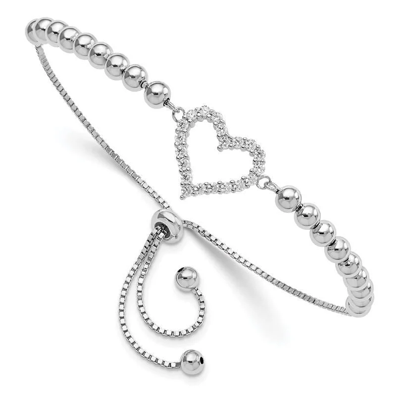 Ladies bracelets tarnish-free designs-Sterling Silver Rhodium-plated Beaded CZ Heart Adjustable Bracelet