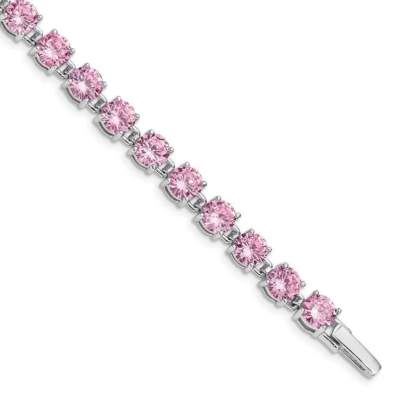 Ladies bracelets viral fashion picks-Sterling Silver Rhodium Plated Pink CZ 7 inch Tennis Bracelet